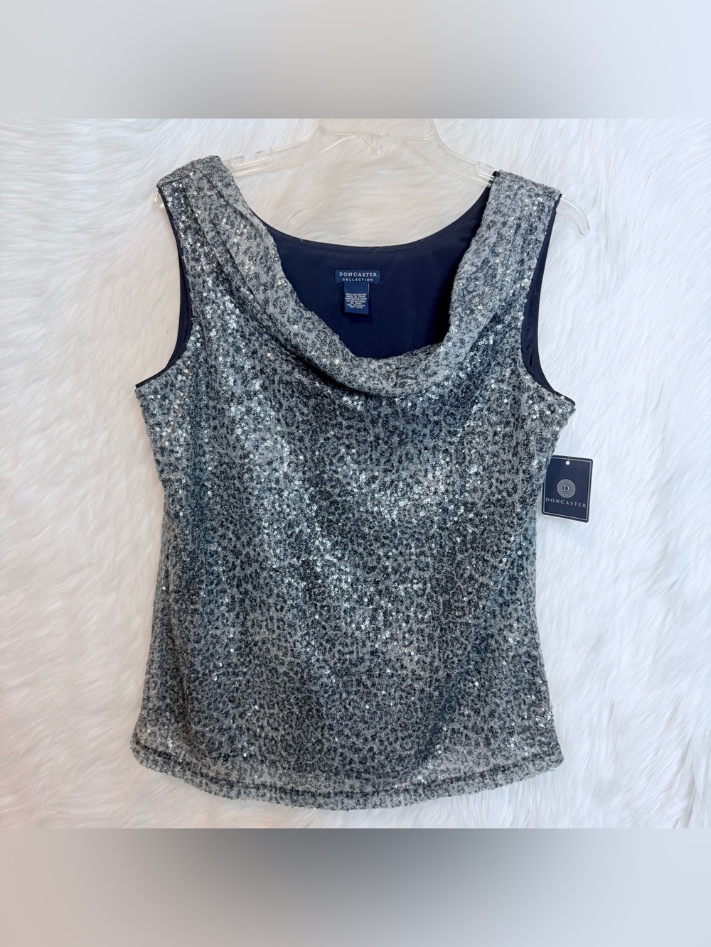 NWT Doncaster Collection Sequin Leopard Print Cowl Neck Blouse Sleeveless Top